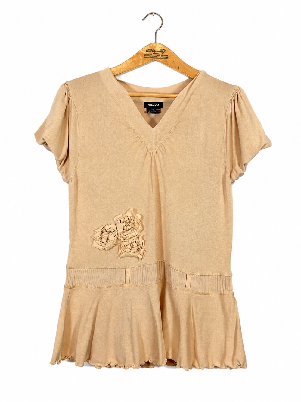 Radzoli Tan Knit V-Neck Peplum Tunic Top Ruffle Accent Grandmacore Office Wear M